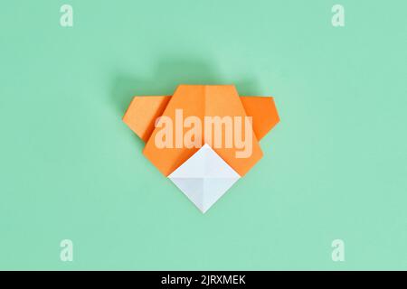 Origami-Bär. Schritt-für-Schritt-Fotoanleitung auf grünem Hintergrund. DIY-Konzept. Step9 Stockfoto