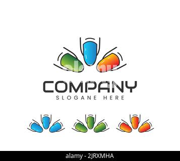 Farbenfrohes Nagellackensalon-Logo-Design. Nagelstudio Logo-Vorlage. Roségold Nagellack-Flasche Stock Vektor