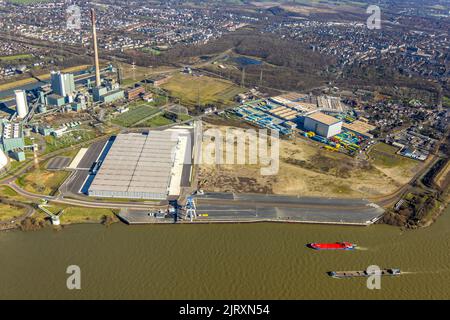 Luftaufnahme, Logport VI Baustelle mit Neubau-Logistikunternehmen DSV Halle in Alt-Walsum, Duisburg, Ruhrgebiet, Nordrhein-Westfalen, Ge Stockfoto