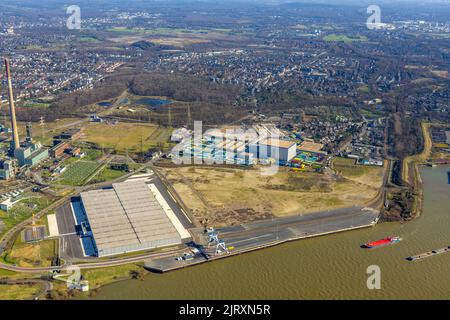 Luftaufnahme, Logport VI Baustelle mit Neubau-Logistikunternehmen DSV Halle in Alt-Walsum, Duisburg, Ruhrgebiet, Nordrhein-Westfalen, Ge Stockfoto