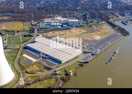 Luftaufnahme, Logport VI Baustelle mit Neubau des Logistikunternehmens DSV Halle im STEAG Blockheizkraftwerk Walsum in Alt-Walsum, Duisburg, Stockfoto