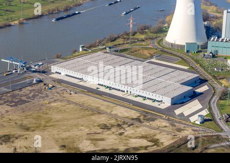 Luftaufnahme, Logport VI Baustelle mit Neubau des Logistikunternehmens DSV Halle im STEAG Blockheizkraftwerk Walsum in Alt-Walsum, Duisburg, Stockfoto