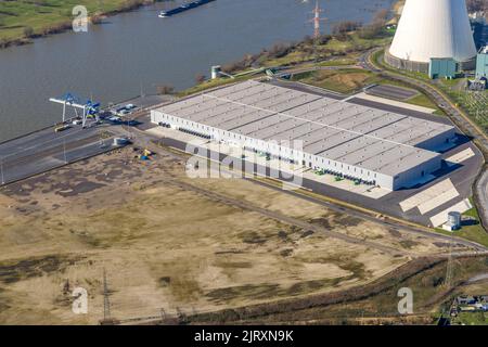 Luftaufnahme, Logport VI Baustelle mit Neubau des Logistikunternehmens DSV Halle im STEAG Blockheizkraftwerk Walsum in Alt-Walsum, Duisburg, Stockfoto