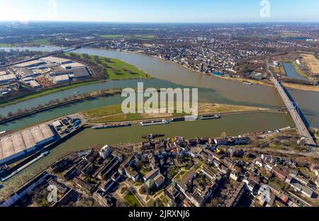 Luftaufnahme, Mercator-Insel, Ruhrmündung in den Rhein mit Friedrich-Ebert-Brücke, Skulptur Rheinorange, Ruhrort, Duisburg, Ruhrgebiet, Auch Nicht Stockfoto