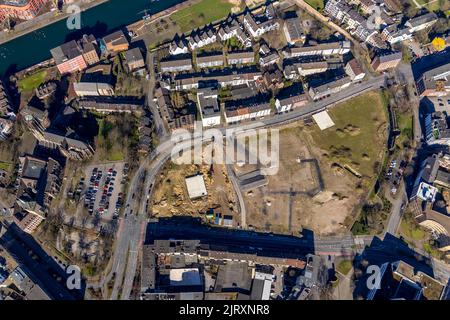 Luftaufnahme, Baustelle für das neue Mercatorviertel Duisburg an der Gutenbergstraße und Oberstraße, am Binnenhafen, Altstadt, Duisburg, Ruhrgebiet Stockfoto