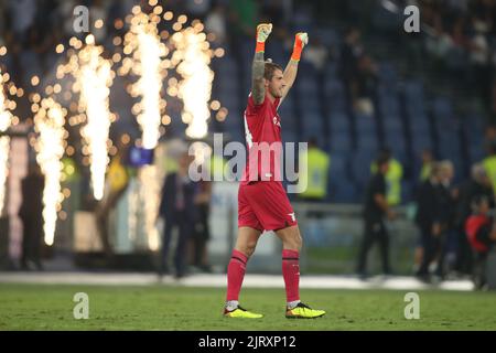 ROM, Italien - 22.08.2022: Ivan Predel (Latium) feiert den Sieg am Ende der italienischen Tim Serie Ein Fußballspiel zwischen SS Lazio und FC Inter Mailand im Olympiastadion in Rom. Stockfoto