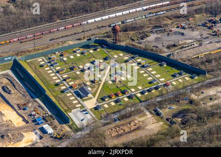 Luftaufnahme, Schottengartengelände sowie geplantes Duisburger Wohnquartier auf dem ehemaligen Wedauer Rangierbahnhof, Wedau, Duisburg, Ruhr Stockfoto