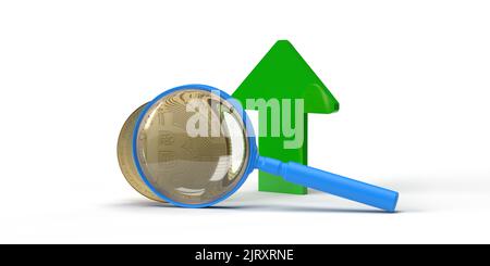 Bitcoin durch Lupe, aufsteigender grüner Pfeil auf weißem Hintergrund mit Kopierraum. Kryptowährung 3D Rendering Illustration. Börse Stockfoto