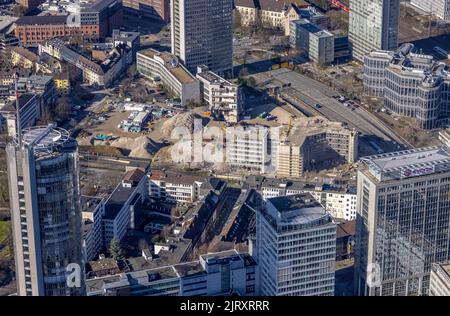 Luftaufnahme, Abriss Ypsilon-Haus der RWE Zentrale Essen in der Huyssenallee für geplanten Bürocampus im Stadtteil Südviertel in Essen, Ruhr sind Stockfoto