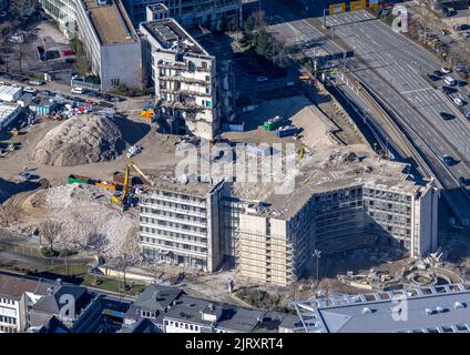 Luftaufnahme, Abriss Ypsilon-Haus der RWE Zentrale Essen in der Huyssenallee für geplanten Bürocampus im Stadtteil Südviertel in Essen, Ruhr sind Stockfoto