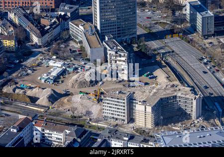 Luftaufnahme, Abriss Ypsilon-Haus der RWE Zentrale Essen in der Huyssenallee für geplanten Bürocampus im Stadtteil Südviertel in Essen, Ruhr sind Stockfoto