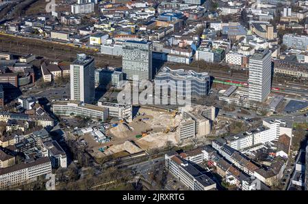 Luftaufnahme, Abriss Ypsilon-Haus der RWE Zentrale Essen in der Huyssenallee für geplanten Bürocampus im Stadtteil Südviertel in Essen, Ruhr sind Stockfoto
