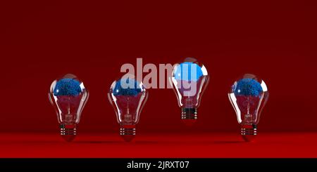 Brainstorming Gruppe von menschlichen Gehirnen in elektrischen Glühbirne auf rotem Hintergrund mit Copy Space. 3D Rendering realistische Darstellung des blauen Gehirns Stockfoto