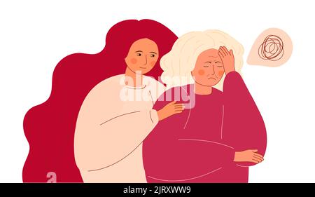 Pflege für ältere Menschen Konzeptvektor von. Tochter umarmt Mutter, Großmutter. Seniorenbetreuung für ältere Menschen. Old Wonham hat Alzheimer. Stock Vektor
