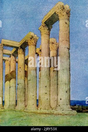 Diese Abbildung aus dem Jahr 1910 zeigt den Tempel des olympischen Zeus in Athen, der von Jules Guerin gemalt wurde. Der olympische Zeus, auch als Olympieion oder die Säulen des olympischen Zeus bekannt, ist ein ehemaliger kolossaler Tempel im Zentrum der griechischen Hauptstadt Athen. Es war dem 'olympischen' Zeus gewidmet, ein Name, der von seiner Position als Kopf der olympischen Götter herrührend war. Der Bau begann im 6.. Jahrhundert v. Chr., wurde aber erst unter der Herrschaft des römischen Imperators Hadrian im 2.. Jahrhundert n. Chr. fertiggestellt. Jules Guérin 1866–1946) war ein amerikanischer Muralist, Architekturmaler und Illustrator. Ein Maler und Wid Stockfoto