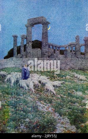 Der Tempel der Athene Aphaia in Aegina – von Jules Giuerin der Tempel der Aphaia wurde der Göttin Athene gewidmet und befindet sich auf der Insel Aegina, auf einem Hügel. Eines der antiken architektonischen Wunder des antiken Griechenlands, wurde es 480 v. Chr. erbaut und 25 der ursprünglichen 32 dorischen Säulen stehen noch immer aufgrund des Könnens der Restauratoren. Es befindet sich in einem Sanctuary Komplex in Aegina. Jules Guérin 1866–1946) war ein amerikanischer Muralist, Architekturmaler und Illustrator. Als Maler und vielfach veröffentlichter Zeitschriftenillustrator gewann er durch seine architektonischen Arbeiten wie 190 an Bedeutung Stockfoto