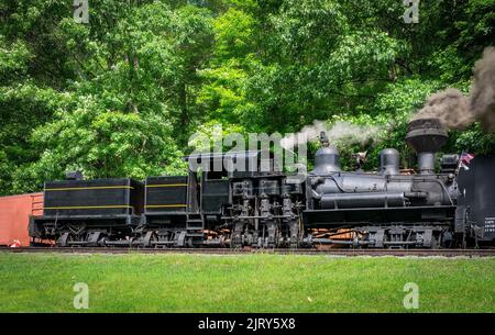 Ein Blick auf eine antike Shay Dampfmaschine, die an einem sonnigen Tag aufwärmt, Rauch und Dampf bläst Stockfoto