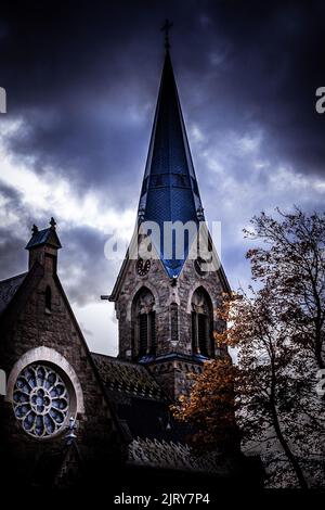 Schöner Herbsttag im Herbst. Ein Herbsttag in Falkenberg Schweden. Schönes rotes Blatt Stockfoto