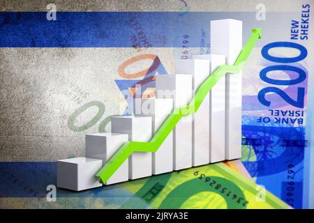 Diagramm der Wirtschaft – steigender Pfeil, Bargeldscheine und israelische Flagge (Geld, Finanzen, Unternehmen, Inflation, Krise) Stockfoto