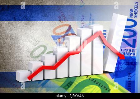 Wirtschaftsplan - Abwärtspfeil, Bargeld Neue Schekel Rechnungen und Israel Flagge (Geld, Finanzen, Unternehmen, Inflation, Krise) Stockfoto