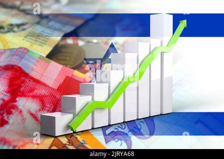 Diagramm der Wirtschaft – steigender Pfeil, Schekelscheine und israelische Flagge (Geld, Finanzen, Unternehmen, Inflation, Krise) Stockfoto
