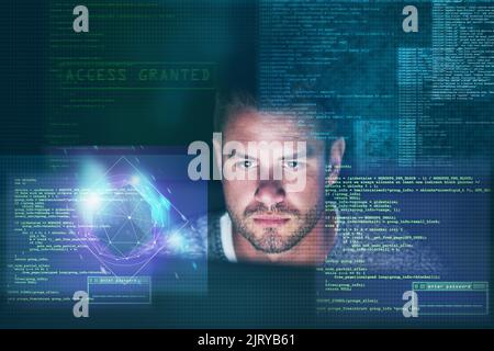 Ein fokussierter Computerprogrammierer, der spät in der Nacht an seinem Computer arbeitet. Stockfoto