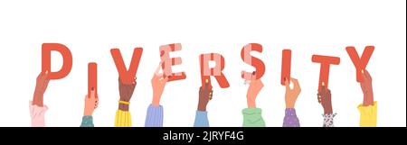 Gruppe verschiedener weiblicher Hände mit rotem Wort Diversity. Multiethnische Menschen sind zusammen. Vektor handgezeichnete Illustration im Cartoon-Stil Stock Vektor
