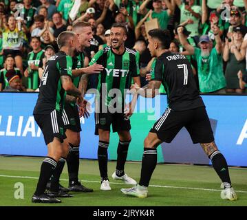 Austin, USA . 26. August 2022. 26. August 2022: Der FC Austin feiert am 26. August 2022 in Austin ein Tor bei einem MLS-Spiel zwischen dem FC Austin und dem FC Los Angeles. Der FC Austin gewann 4:1. (Bild: © Scott Coleman/ZUMA Press Wire) Bild: ZUMA Press, Inc./Alamy Live News Stockfoto