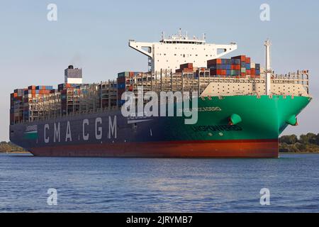 Das Containerschiff CMA CGM TROCADERO mit Flüssiggas LNG verlässt den Hamburger Hafen an der Elbe, Hamburg Stockfoto