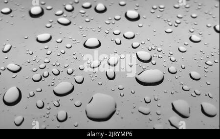 Regentropfen perlieren auf einer glatten Glasoberfläche, mit Blick in den niedrigen Winkel mit geringer Schärfentiefe und selektivem Fokus. Stockfoto