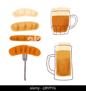 Stilisierte Illustration ein Bierkrug, mit traditionellen Snack gegrillte Würstchen auf weißem Hintergrund isoliert Stock Vektor