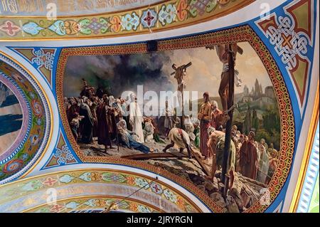 Wandgemälde an der Decke des unterirdischen Tempels zu Ehren von Hiob von Pochajiv, der Heiligen Dormition Pochajiv Lavra, Ukraine Stockfoto