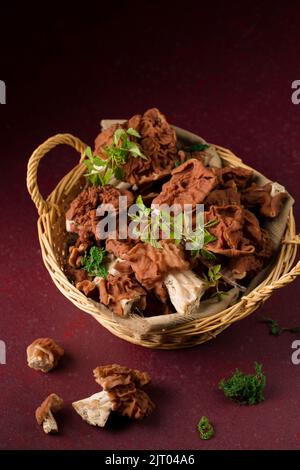 Waldmorellpilze in einem Weidenkorb auf einem burgunderroten Hintergrund Stockfoto