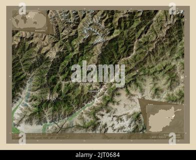 Kunar, Provinz Afghanistan. Hochauflösende Satellitenkarte. Orte und Namen der wichtigsten Städte der Region. Karten für zusätzliche Eckposition Stockfoto