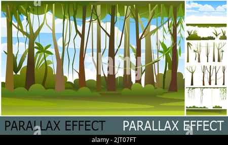 Dschungel-Illustration. Himmel. Dichte, wild wachsende tropische Pflanzen mit hohen, verzweigten Stämmen. Regenwaldlandschaft. Flaches Design. Bild aus Ebenen für über Stock Vektor