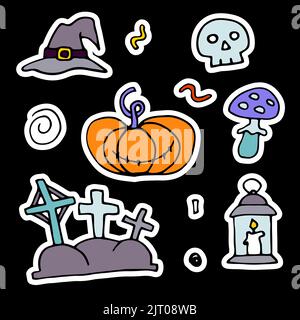 Doodle Halloween Aufkleber Set. Handgezeichneter Herbstkürbis, Grab, Totenkopf, Hexenhut auf schwarzem Hintergrund. Niedliches gruseliges Horror-Banner für Herbstferien, Day Stock Vektor