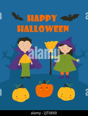 Postkarte Banner für Halloween, Kinder in Kostümen von Geistern. Vektorgrafik Stock Vektor