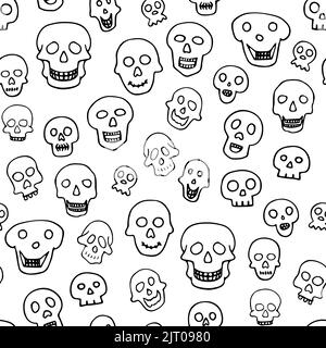 Doodle Halloween Sculls nahtloses Muster. Skizzieren Sie das Skelett auf weißem Hintergrund. Von Hand gezeichneter gruseliger Schädel. Mystischer Skizzencharakter. Vektorgrafiken Stock Vektor