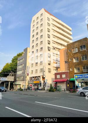 Ein großes Eigentumswohnung- oder Apartmentgebäude in einer belebten Straße außerhalb der Nishi-Nippori Station, mit einem Videoverleih und einem japanischen Pub. Stockfoto