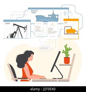 Vektor-Illustration Mädchen arbeiten am Computer. Globaler Logistikservice. Transport von Öl, Gas. Lieferung, Frachttransport. Bestellung von Fracht en Stock Vektor