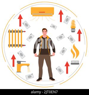 Vektorgrafik der Mensch ist aufgebracht. Steigende Preise. Hohe Preise für natürliche Ressourcen. Verbindlichkeiten von Energieversorgungsunternehmen. Einsparung von Haushaltsbudget. Höhere Kosten. Geld. Gestresst Stock Vektor