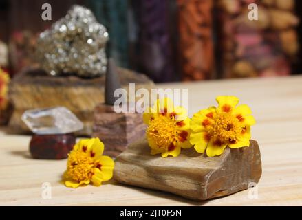 Gelbe Blumen auf versteinerten Holz mit Steinkristallen und Weihrauch Cone Shallow DOF Stockfoto