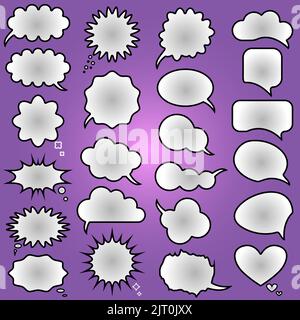 Vektorsprache Bubble-Textsymbole auf violettem Hintergrund, Vektordarstellung Stock Vektor