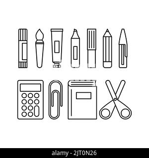 Symbol für Schulbedarf eingestellt. Black Outline Office Piktogramme Kollektion. Zurück zur Schule Inspiration. Konzept der Bildung. Vektorgrafik, flache Darstellung Stock Vektor