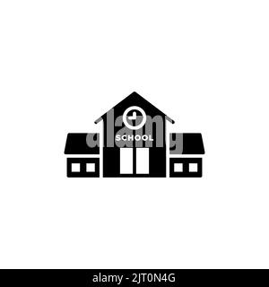 Symbol für das Schulgebäude. Schwarz gefülltes Piktogramm. Zurück zur Schule Inspiration. Konzept der Bildung. Vektorgrafik, flaches Design Stock Vektor