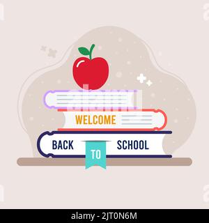 Willkommen zurück zum Schulquadrat Banner. Ein roter Apfel auf einem Stapel Schulbücher. Konzept der Bildung. Vektorgrafik, flaches Design Stock Vektor