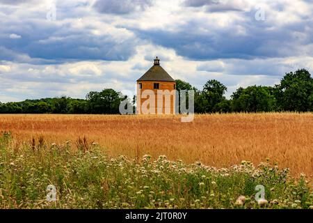 Der Dovecote ist eine moderne Nachbildung eines traditionellen kreisförmigen Dovecote in einem Feld im Hotel und Garten „The Newt in Somerset“, bei Bruton, England, Großbritannien Stockfoto