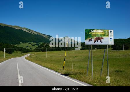 Schild warnt vor Bären, Straße im Nationalpark Majella, Parco nazionale della Majella, Abruzzen, Italien, Europa Stockfoto