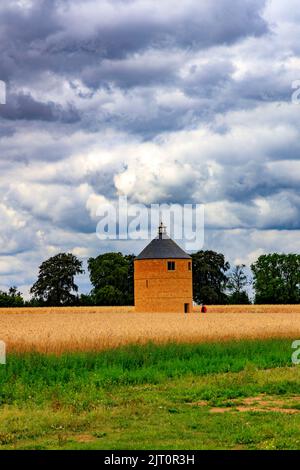 Der Dovecote ist eine moderne Nachbildung eines traditionellen kreisförmigen Dovecote in einem Feld im Hotel und Garten „The Newt in Somerset“, bei Bruton, England, Großbritannien Stockfoto