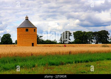 Der Dovecote ist eine moderne Nachbildung eines traditionellen kreisförmigen Dovecote in einem Feld im Hotel und Garten „The Newt in Somerset“, bei Bruton, England, Großbritannien Stockfoto